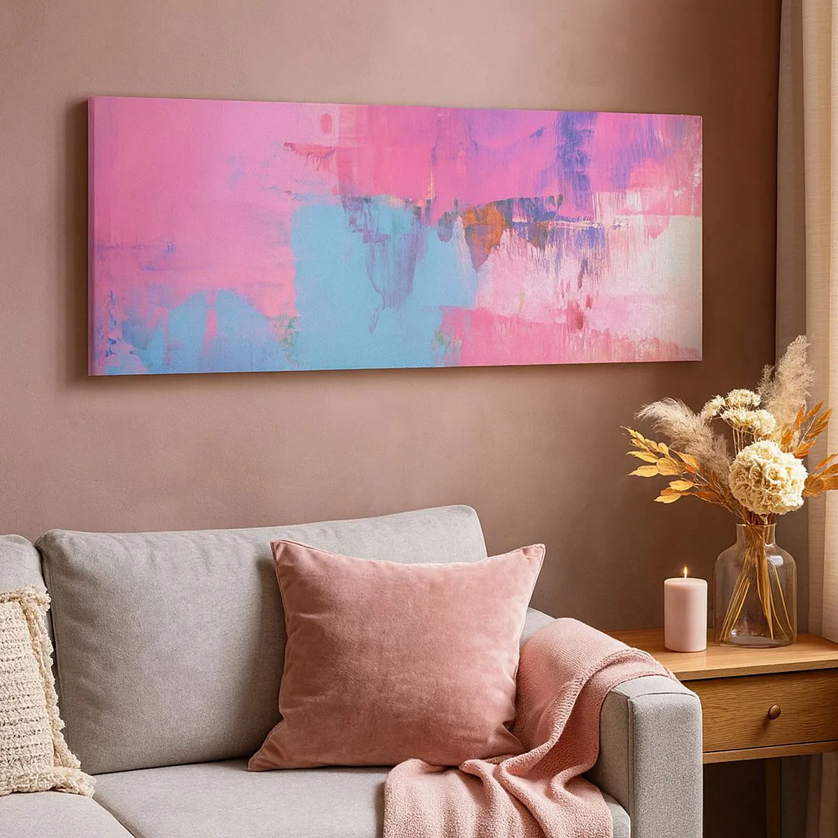 Lærredstryk - Billede på lærred - Lyserød, blå og en knivspids lys - 120x50 cm