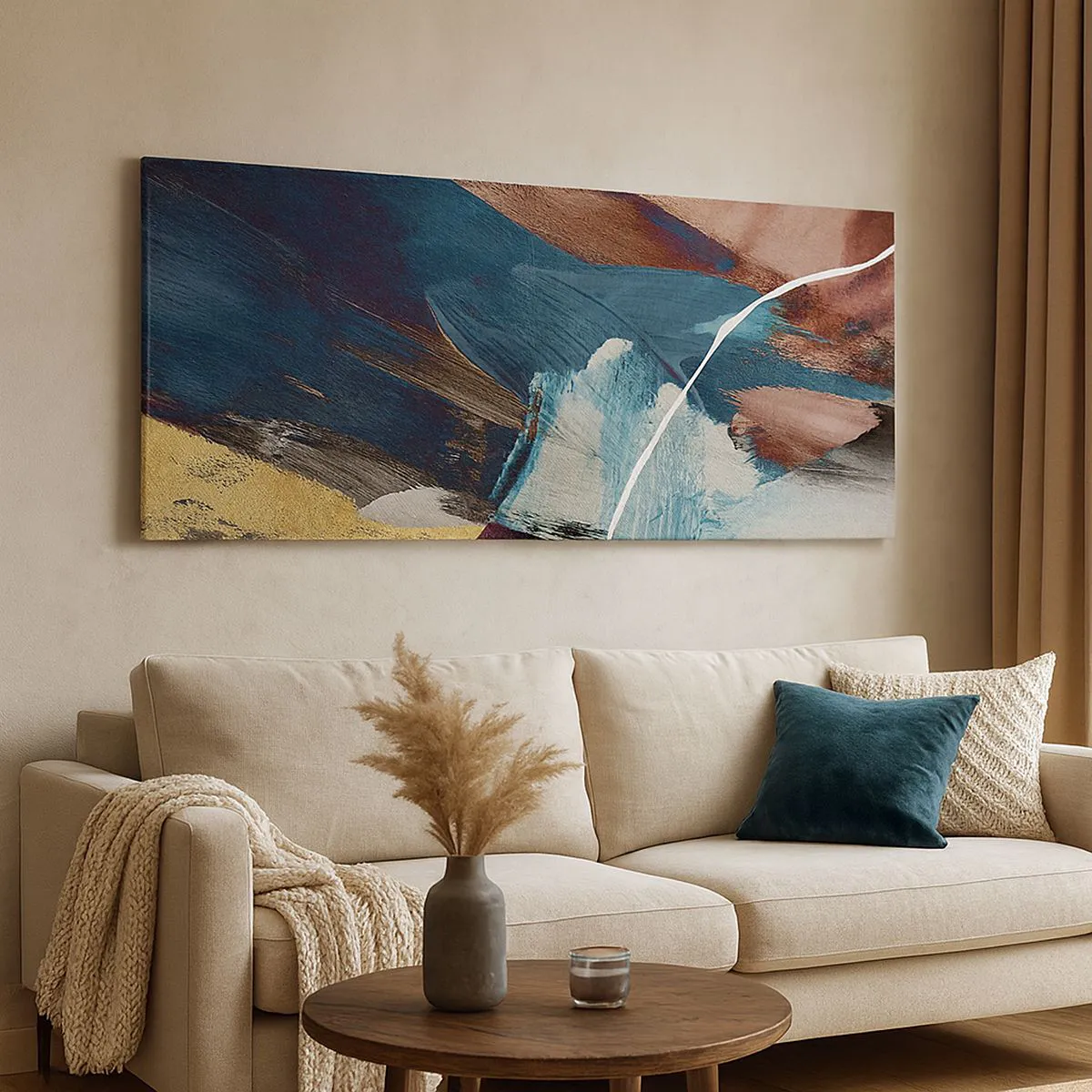 Impression sur toile - Image sur toile - Coups de pinceau abstraits dans des tons de bleu et d'or - 120x50cm - Avec panache et énergie - Décoration murale moderne pour le salon et la chambre ARTTOR