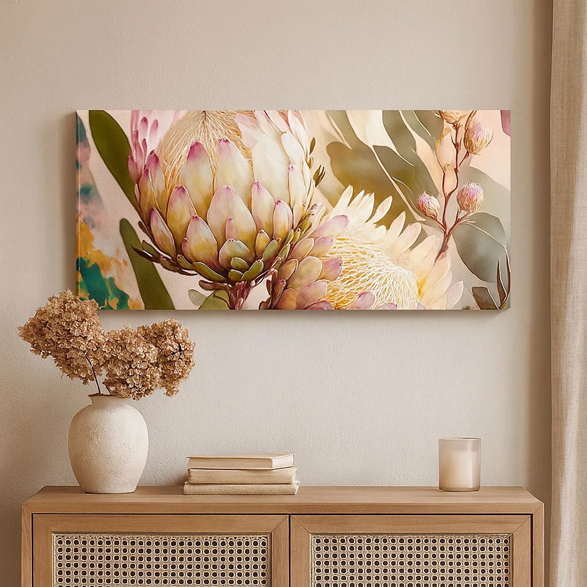 Impression sur toile - Image sur toile - Fleurs de protéa colorées sur un fond délicat - 120x50cm - Tendrement embrassé - Décoration murale moderne pour le salon et la chambre ARTTOR
