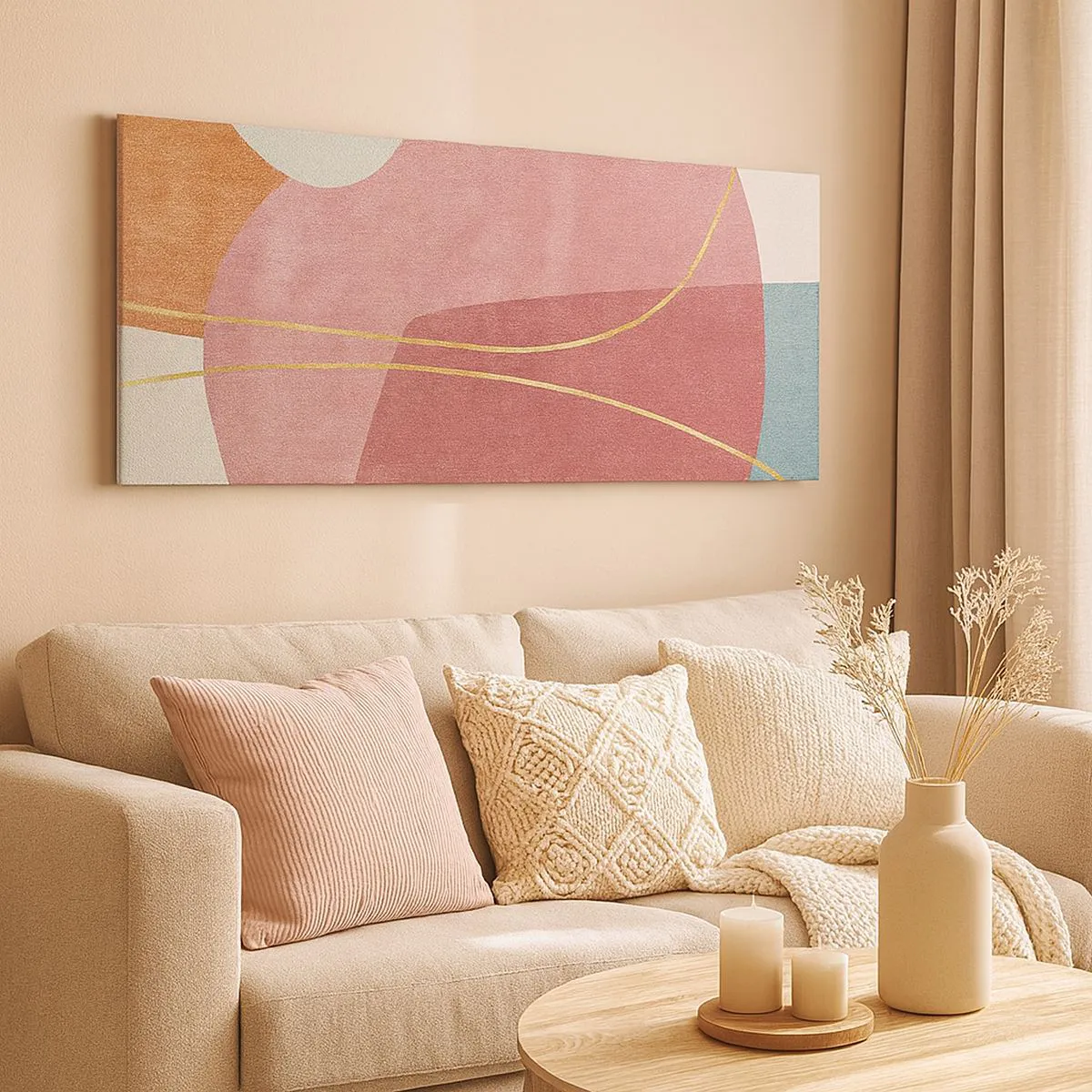 Bild auf Leinwand - Leinwandbild - Abstrakte Formen in Pastellfarben mit zarten Linien - 140x50cm - Pastellkomposition mit Goldfaden - Moderne Wanddekoration für Wohnzimmer und Schlafzimmer ARTTOR