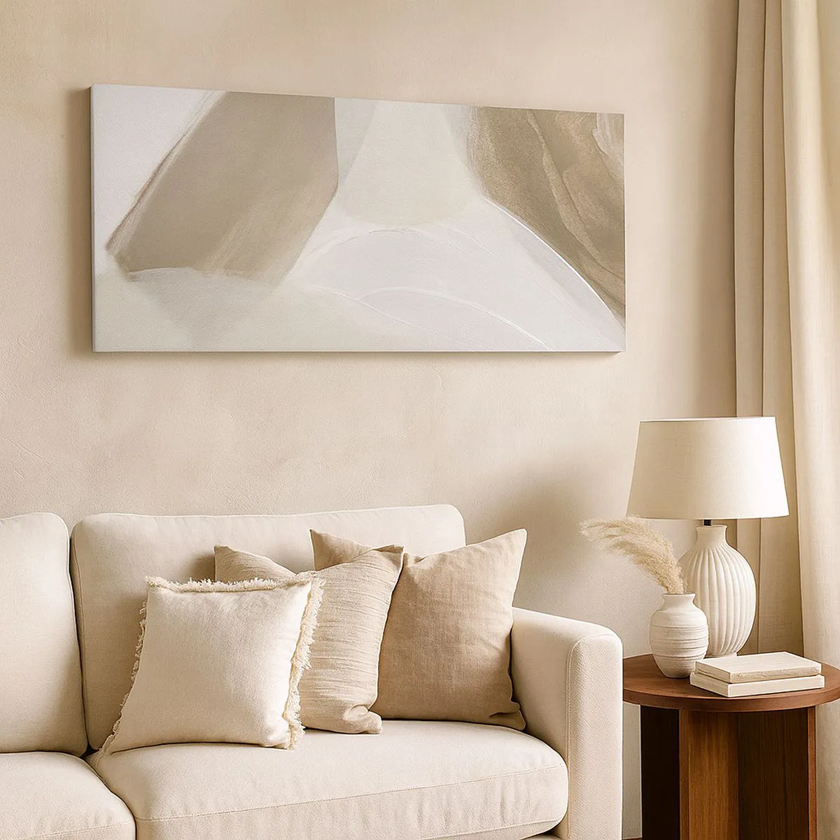 Cuadro sobre lienzo - Impresión de Imagen - Abstracción delicada en tonos beige y blanco. - 120x50cm - Ola de blanco - Decoración de pared moderna para salón y dormitorio ARTTOR
