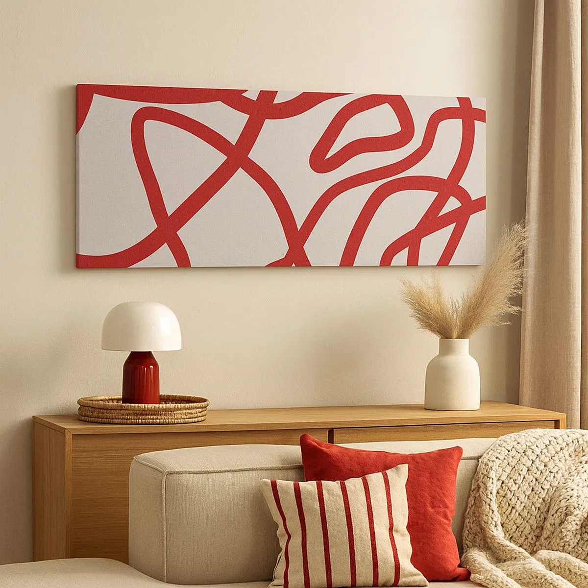 Bild auf Leinwand - Leinwandbild - Rote abstrakte Linien auf weißem Hintergrund - 120x50cm - Rot auf Weiß - Moderne Wanddekoration für Wohnzimmer und Schlafzimmer ARTTOR