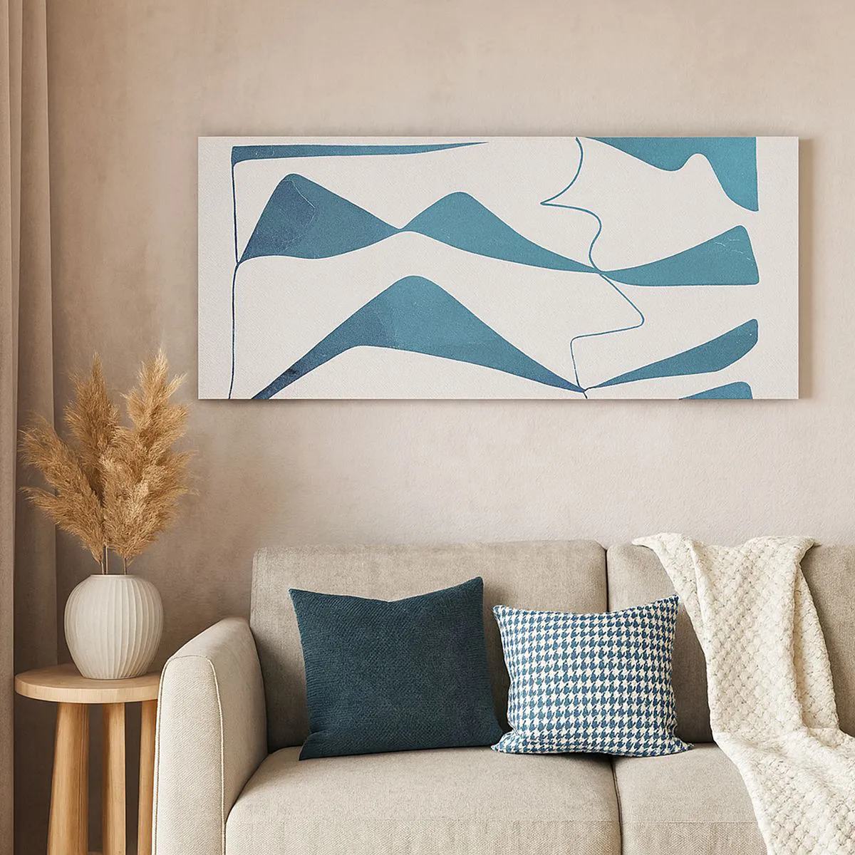 Impression sur toile - Image sur toile - Formes abstraites dans des tons de bleu sur fond blanc - 160x50cm - Abstraction : composé turquoise - Décoration murale moderne pour le salon et la chambre ARTTOR