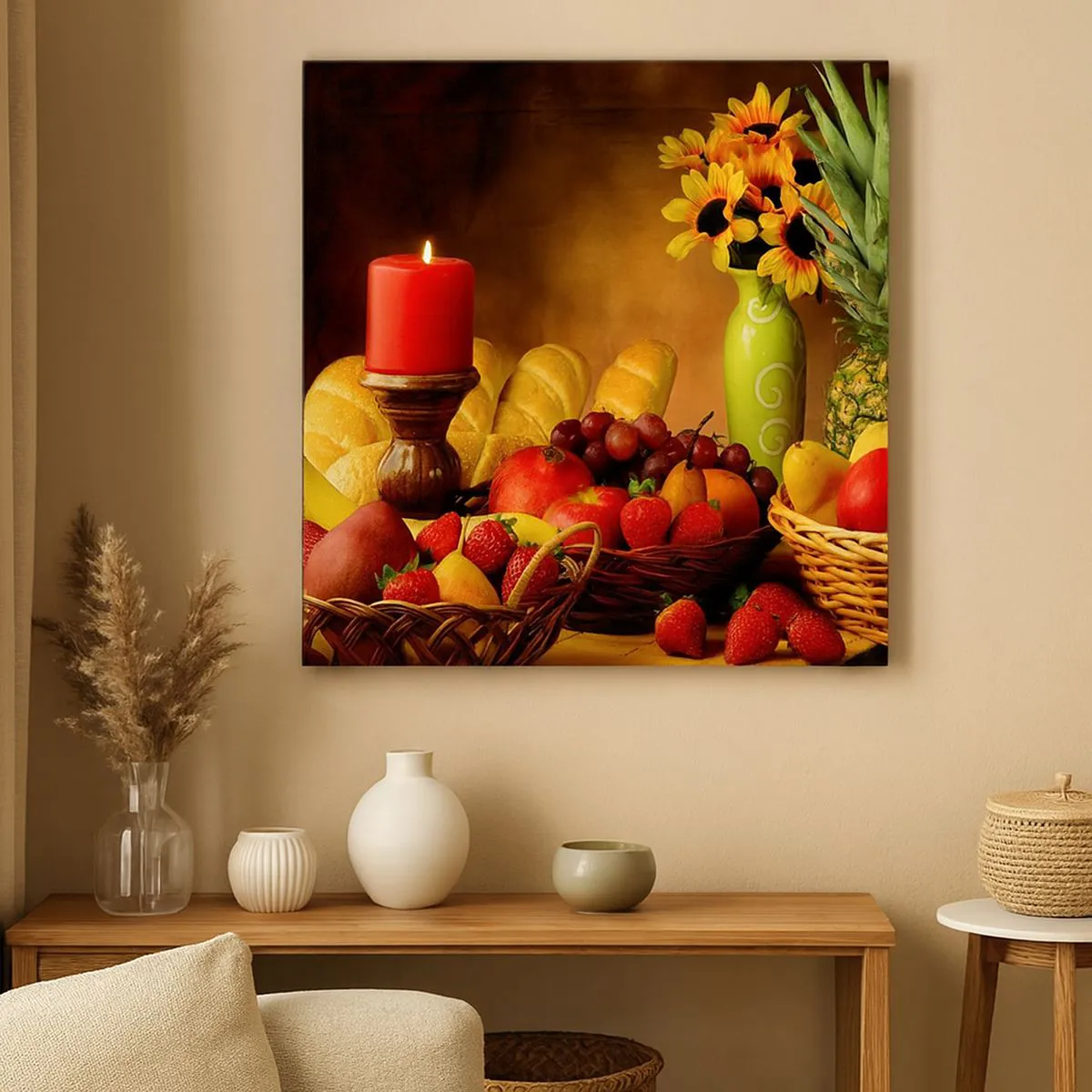 Quadro su tela - Stampe su Tela - Natura morta con pane e frutta - 70x70 cm