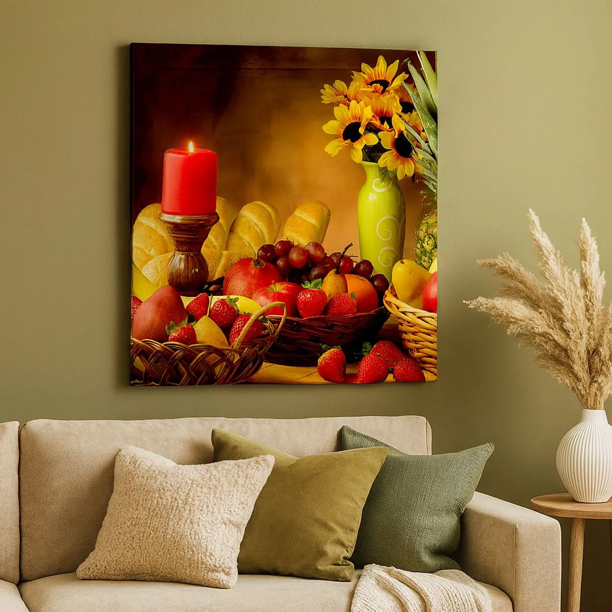 Quadro su tela - Stampe su Tela - Natura morta con pane e frutta - 70x70 cm