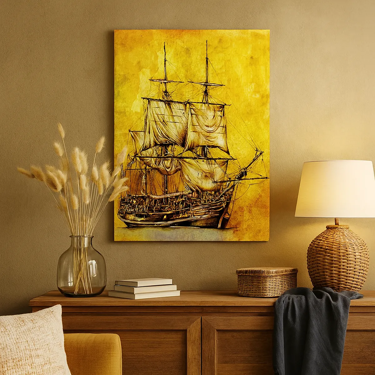 Cuadro sobre lienzo - Impresión de Imagen - Un dibujo estilizado de un velero sobre un fondo dorado con un toque vintage. - 70x100cm - ¡Rumbo a la isla Tortuga! - Decoración de pared moderna para salón y dormitorio ARTTOR