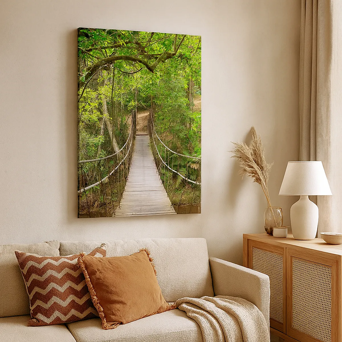 Obraz na płótnie - Wiszący most w tropikalnym lesie - 50x70cm - Bo w ogrodzie rośnie pnącze - Nowoczesna dekoracja ścienna do salonu, kuchni i sypialni ARTTOR