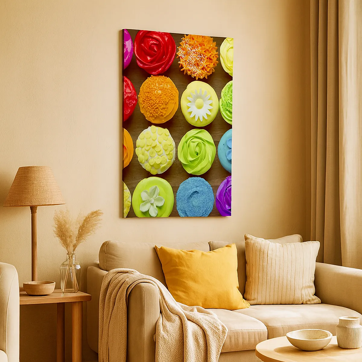 Bild auf Leinwand - Leinwandbild - Bunte Cupcakes mit pastellfarbenen Verzierungen - 50x70cm - Alles andere - alles lecker - Moderne Wanddekoration für Wohnzimmer und Schlafzimmer ARTTOR