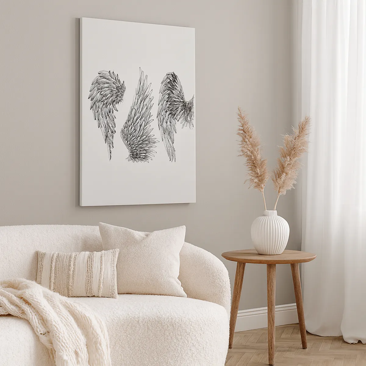 Cuadro sobre lienzo - Impresión de Imagen - Tres bocetos en blanco y negro de alas en estilo minimalista. - 50x70cm - Y puedes convertirte en un ángel - Decoración de pared moderna para salón y dormitorio ARTTOR