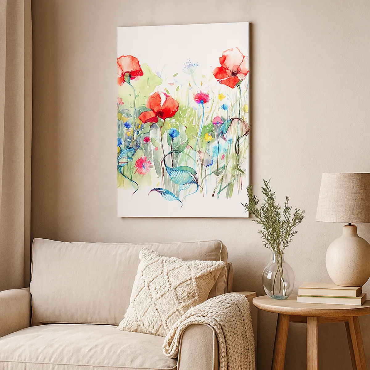 Quadro su tela - Stampe su Tela - Un prato con papaveri rossi e fiori colorati in acquerello - 50x70cm - Il prato fiorito a maggio - Decorazione murale moderna per soggiorno e camera da letto ARTTOR