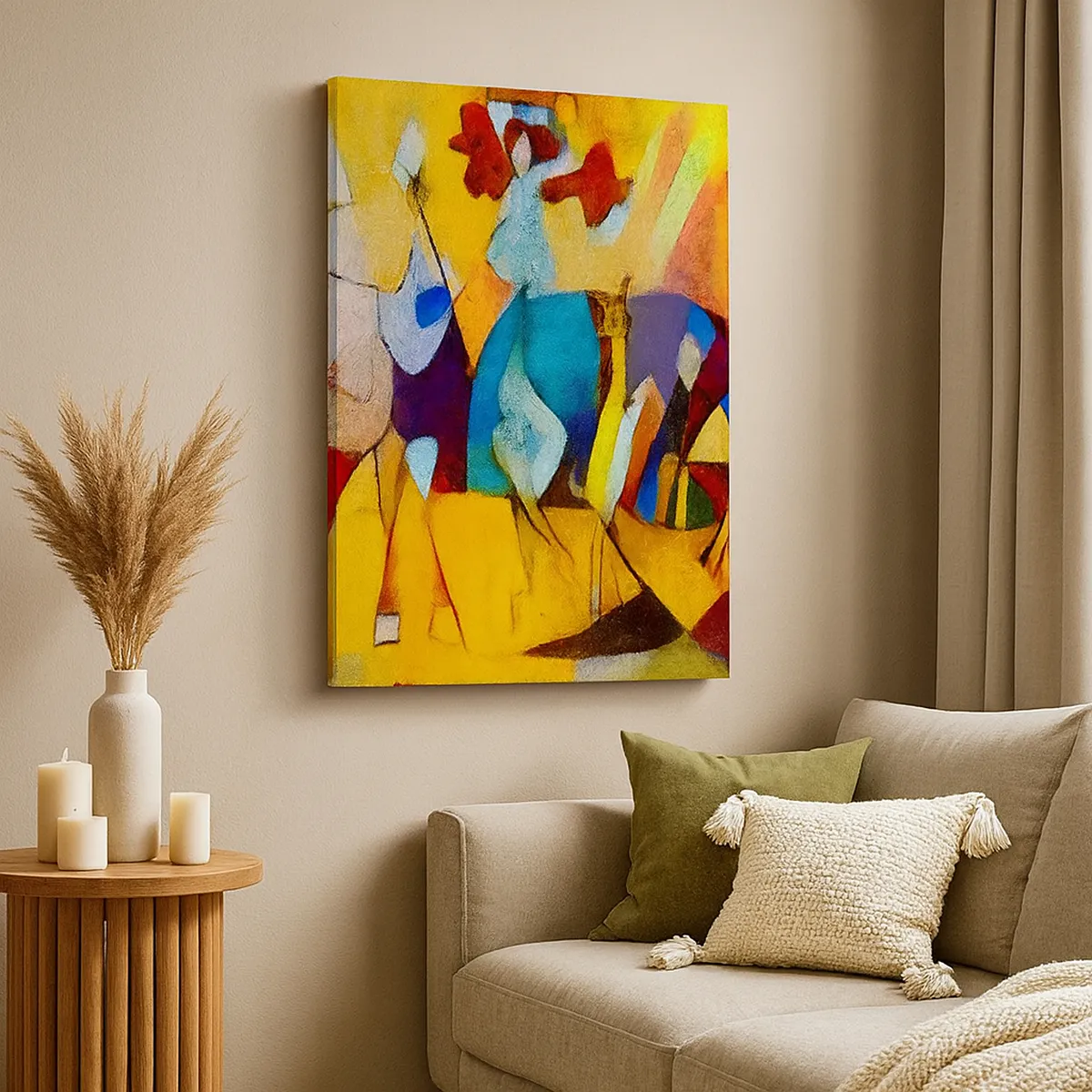 Bild auf Leinwand - Leinwandbild - Eine farbenfrohe Abstraktion, die Figuren in geometrischer Form darstellt - 80x120cm - Sonne - Leben - Freude - Moderne Wanddekoration für Wohnzimmer und Schlafzimmer ARTTOR