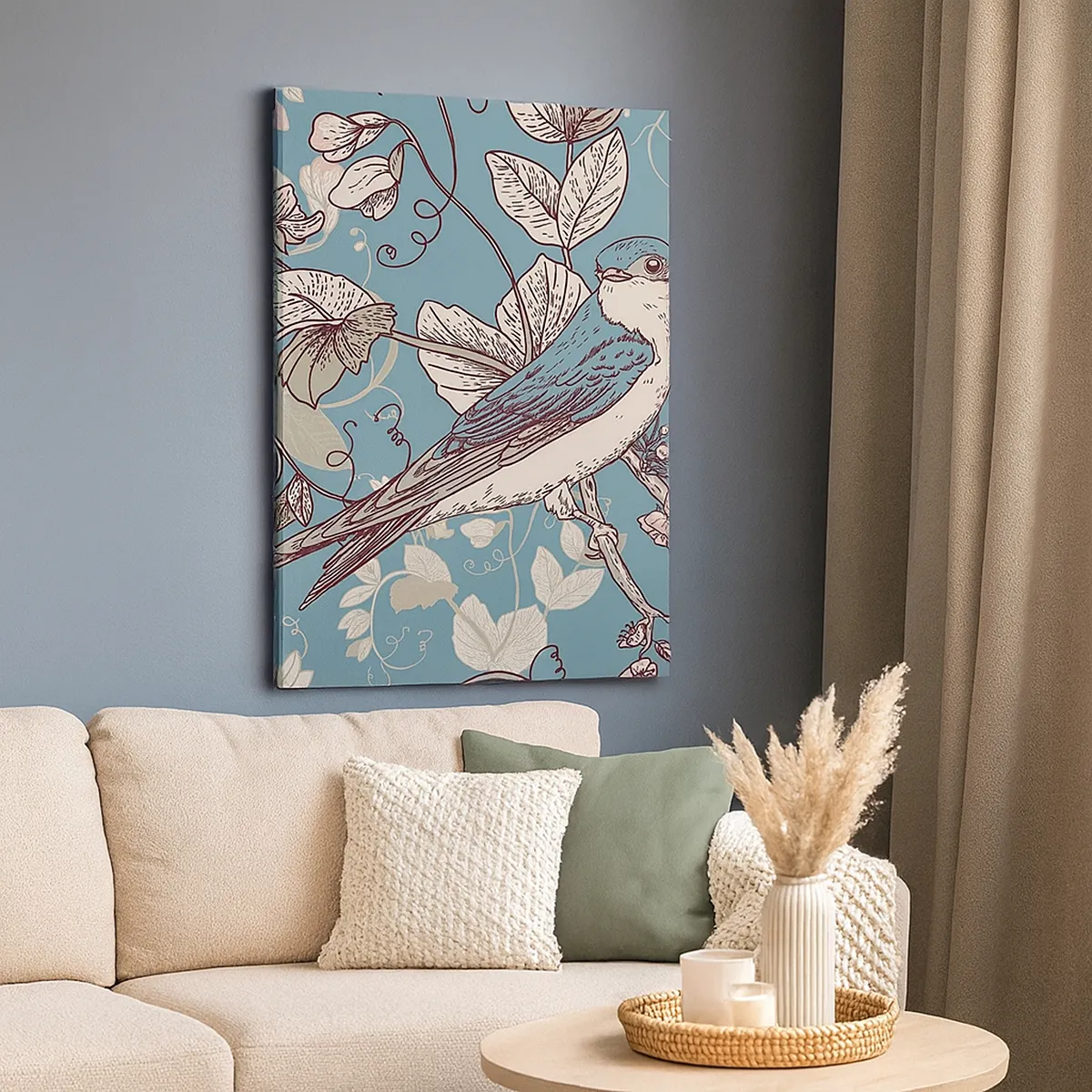 Cuadro sobre lienzo - Impresión de Imagen - Un pájaro en una rama en un delicado estilo floral. - 50x70cm - En el cerezo - Decoración de pared moderna para salón y dormitorio ARTTOR