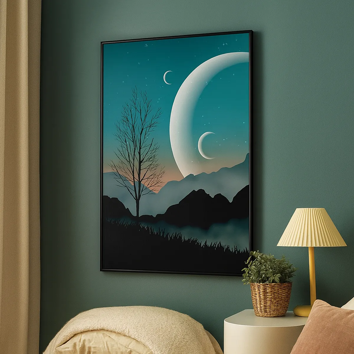 Bild auf Leinwand - Leinwandbild - Neblige Berge mit dem Mond und einem einsamen Baum - 80x120cm - Karneval in der Sternenacht - Moderne Wanddekoration für Wohnzimmer und Schlafzimmer ARTTOR