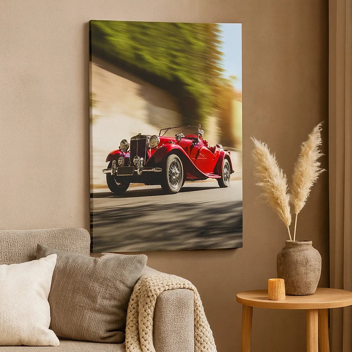 Cuadro sobre lienzo - Impresión de Imagen - Coche clásico rojo en movimiento en una calle soleada - 50x70cm - Hermosa pieza de museo - Decoración de pared moderna para salón y dormitorio ARTTOR