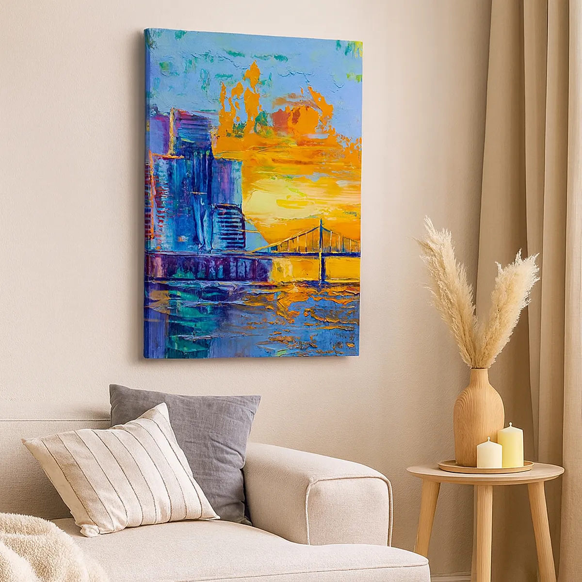 Impression sur toile - Image sur toile - Une ville colorée avec un pont au soleil couchant - 70x100cm - Culture et nature - Décoration murale moderne pour le salon et la chambre ARTTOR