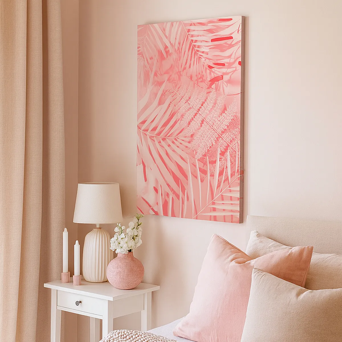 Quadro su tela - Stampe su Tela - Foglie tropicali rosa in uno stile delicato e minimalista - 50x70cm - Concetto rosa - Decorazione murale moderna per soggiorno e camera da letto ARTTOR