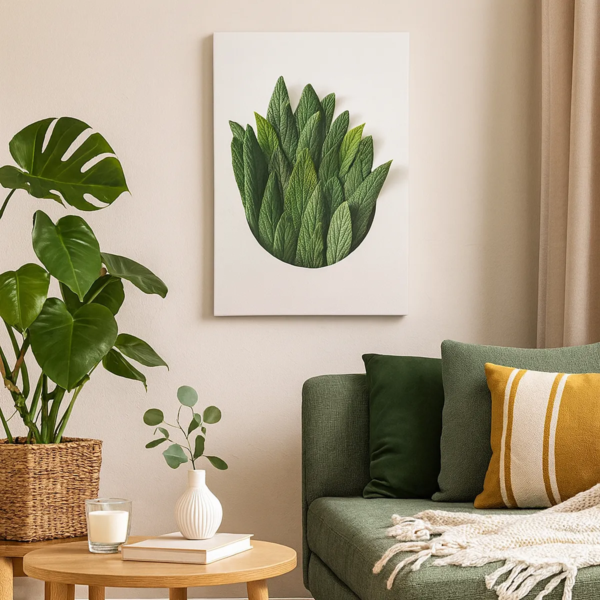 Obraz na płótnie - Kompozycja zielonych liści na jasnym tle - 70x100cm - Nieposkromiona ciekawość - Nowoczesna dekoracja ścienna do salonu i sypialni ARTTOR