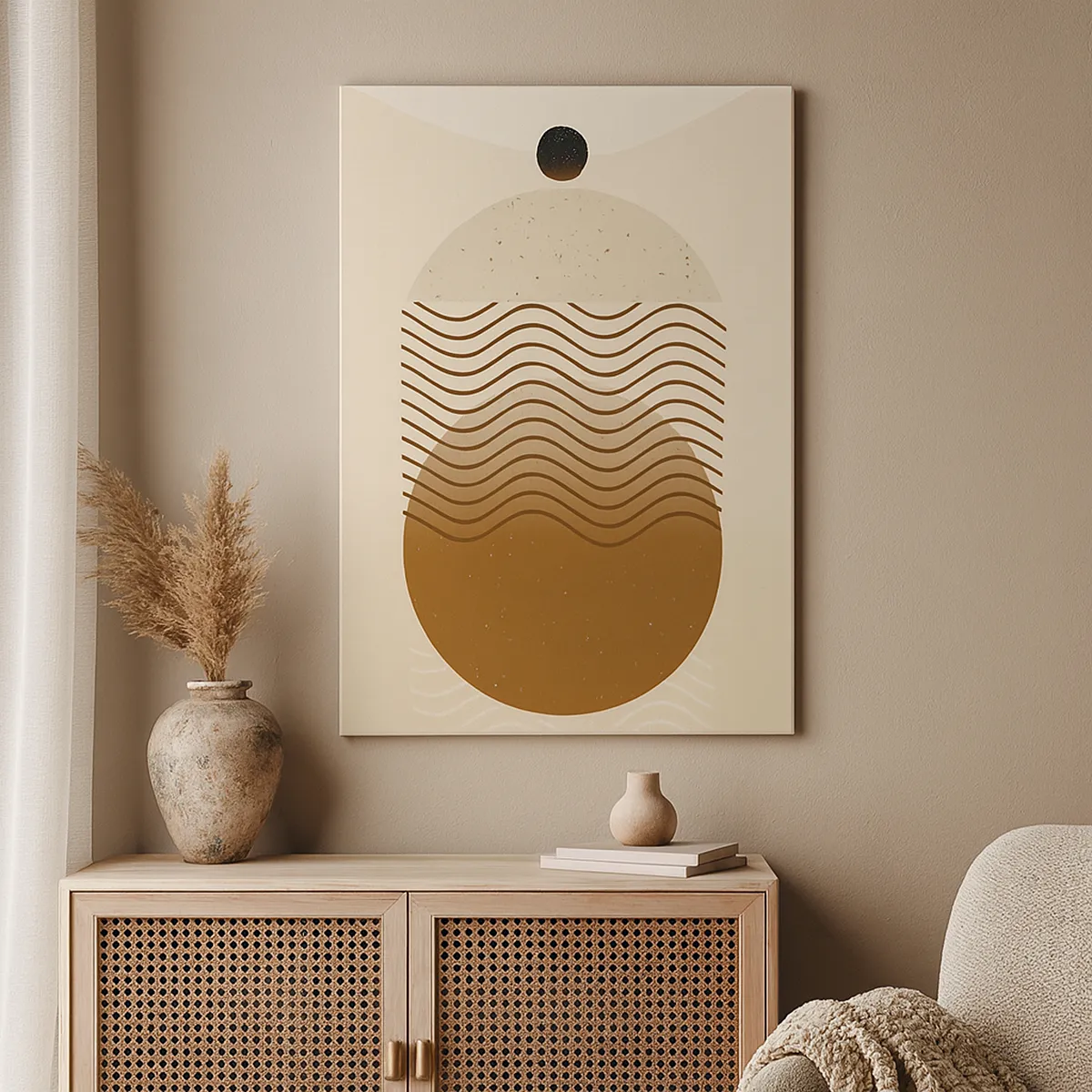 Quadro su tela - Stampe su Tela - Astrazione geometrica con cerchi e linee ondulate in colori caldi. - 70x100cm - Sull'origine delle figure geometriche - Decorazione murale moderna per soggiorno e camera da letto ARTTOR