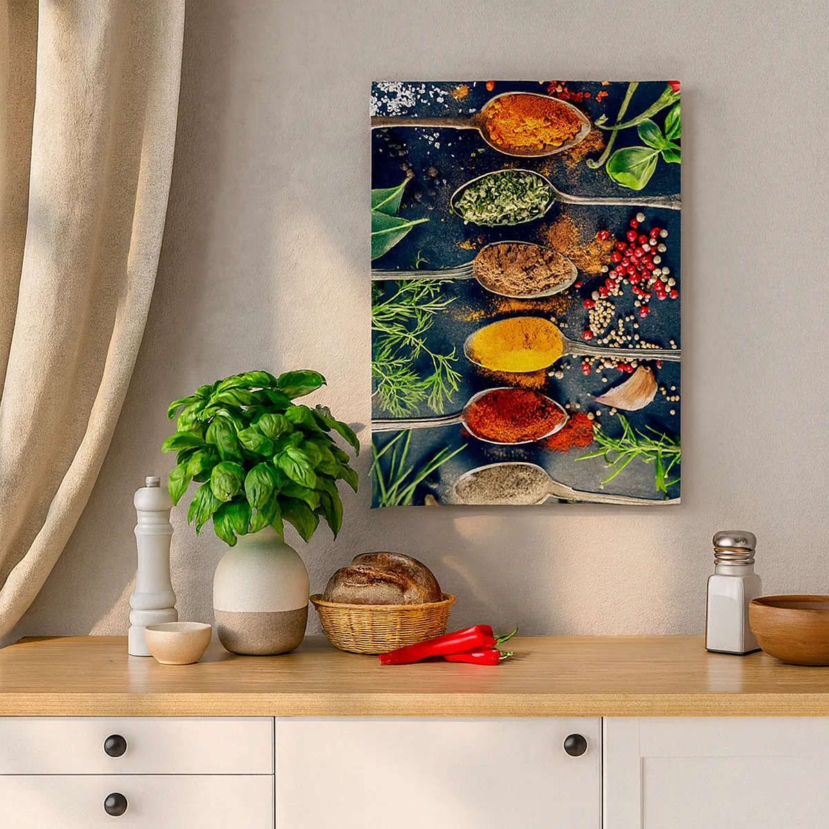 Impression sur toile - Image sur toile - Épices colorées sur des cuillères avec des herbes en arrière-plan - 50x70cm - Magie culinaire - Décoration murale moderne pour le salon et la chambre ARTTOR