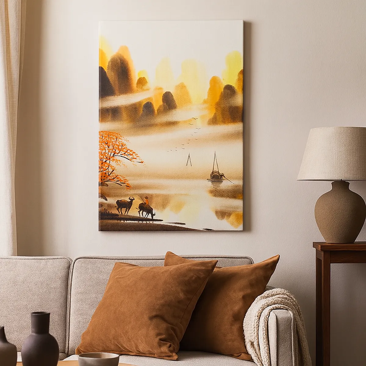 Impression sur toile - Image sur toile - Un paysage oriental avec une rivière, des montagnes et un doux brouillard. - 70x100cm - Plus loin que l'Extrême-Orient - Décoration murale moderne pour le salon et la chambre ARTTOR