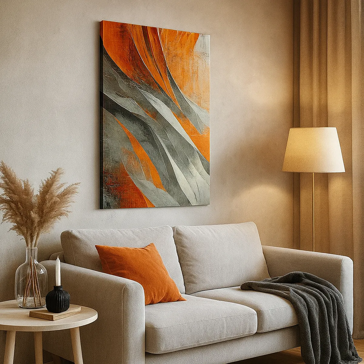 Impression sur toile - Image sur toile - Lignes abstraites dans les tons orange et gris - 50x70cm - Chaleur et froid - Décoration murale moderne pour le salon et la chambre ARTTOR