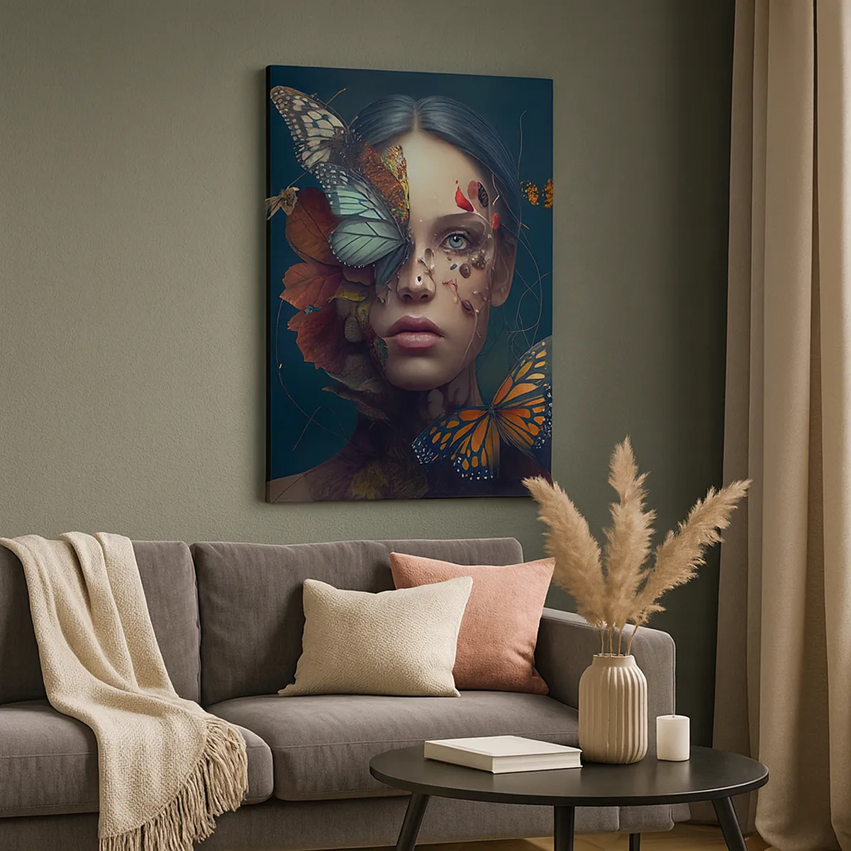 Impression sur toile - Image sur toile - Portrait d'une femme avec des papillons et des éléments végétaux - 80x120cm - Une merveilleuse métamorphose - Décoration murale moderne pour le salon et la chambre ARTTOR