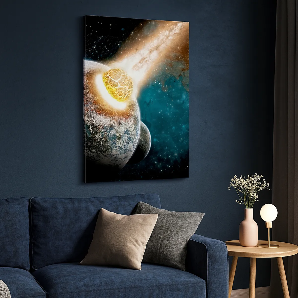 Obraz na płótnie - Kosmiczna kolizja planety z asteroidą w otoczeniu galaktyki. - 80x120cm - Zagłada czy narodziny? - Nowoczesna dekoracja ścienna do salonu i sypialni ARTTOR