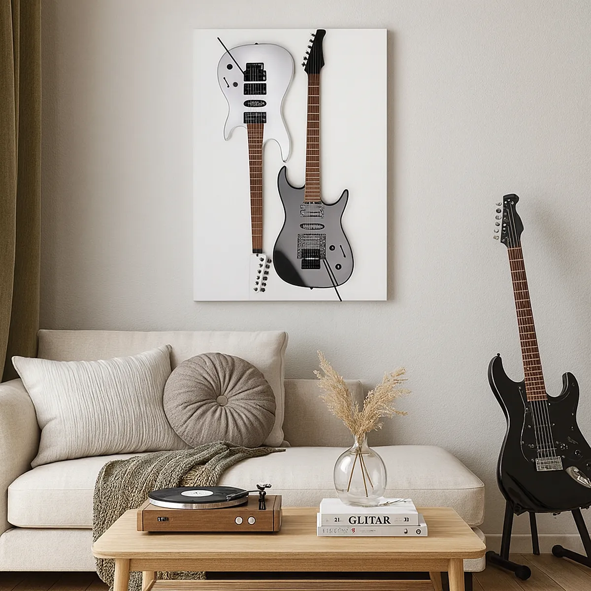 Obraz na płótnie - Dwie elektryczne gitary w kontrastowych kolorach na białym tle - 50x70cm - Harmonia kształtów - Nowoczesna dekoracja ścienna do salonu, kuchni i sypialni ARTTOR