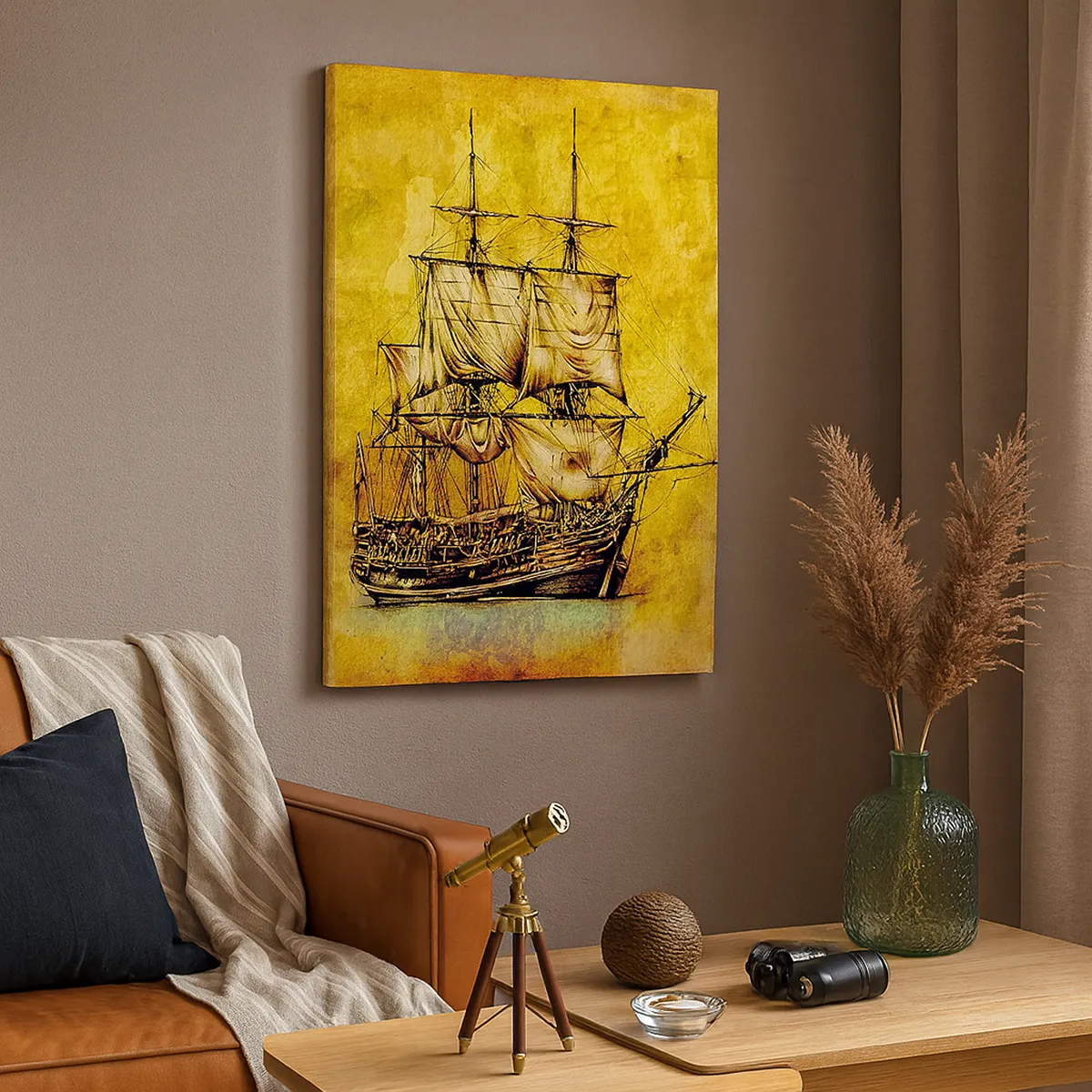 Cuadro sobre lienzo - Impresión de Imagen - Un dibujo estilizado de un velero sobre un fondo dorado con un toque vintage. - 70x100cm - ¡Rumbo a la isla Tortuga! - Decoración de pared moderna para salón y dormitorio ARTTOR