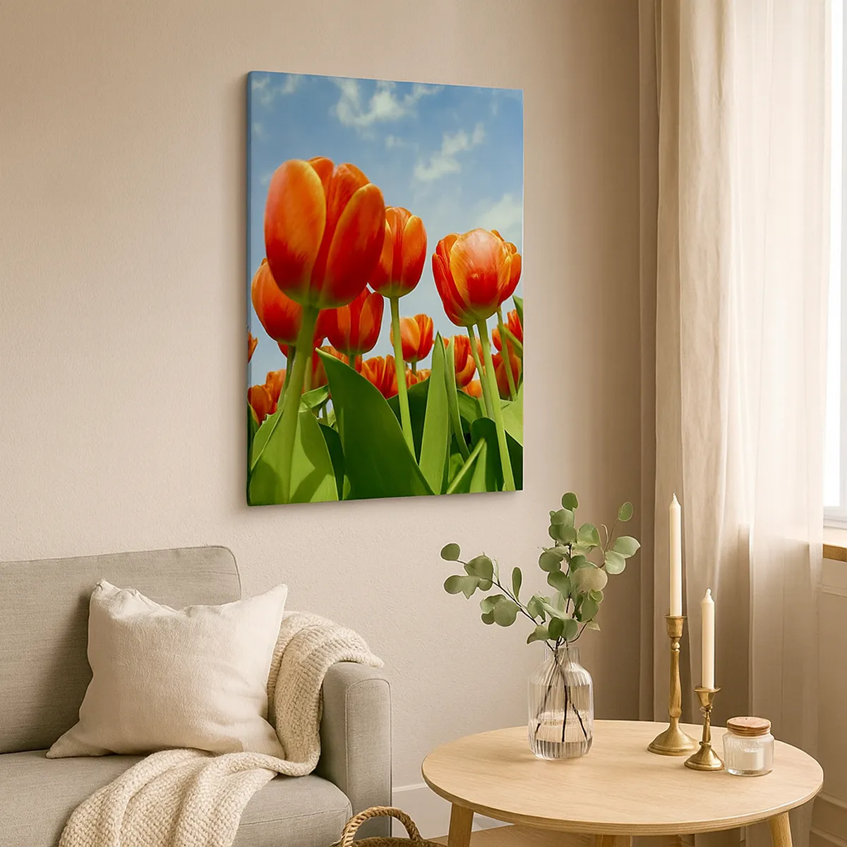 Impression sur toile - Image sur toile - Un champ de tulipes rouges et oranges contre un ciel bleu - 50x70cm - A part le ciel bleu, ils n'ont besoin de rien dans leur vie - Décoration murale moderne pour le salon et la chambre ARTTOR