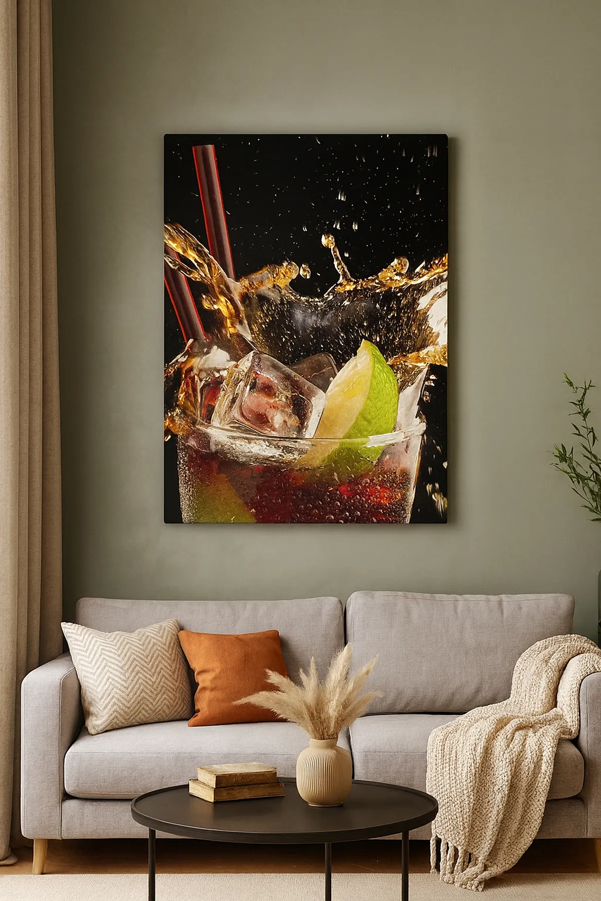 Obraz na płótnie - Drink z lodem i limonką z rozpryskującą się wodą - 50x70cm - Radość i energia kolorów - Nowoczesna dekoracja ścienna do salonu, kuchni i sypialni ARTTOR