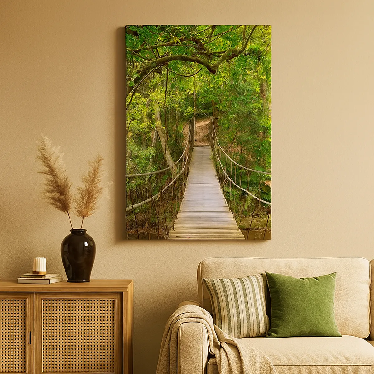 Obraz na płótnie - Wiszący most w tropikalnym lesie - 50x70cm - Bo w ogrodzie rośnie pnącze - Nowoczesna dekoracja ścienna do salonu, kuchni i sypialni ARTTOR