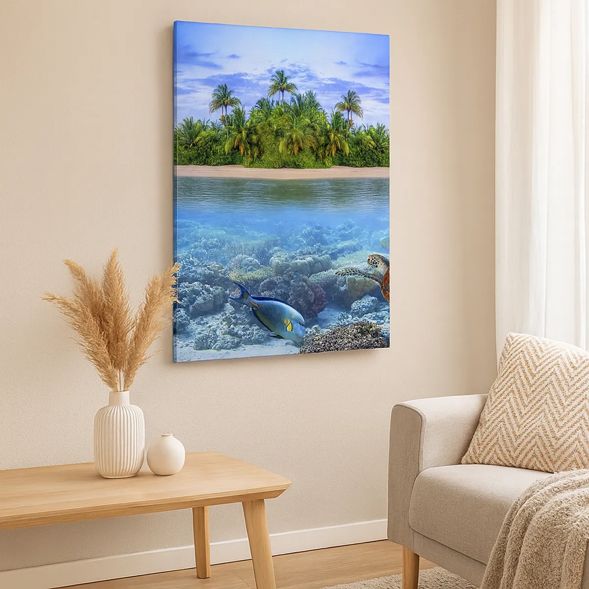 Impression sur toile - Image sur toile - Une île tropicale entourée d'un océan turquoise avec un récif de corail et des poissons. - 50x70cm - L'île céleste vous invite - Décoration murale moderne pour le salon et la chambre ARTTOR