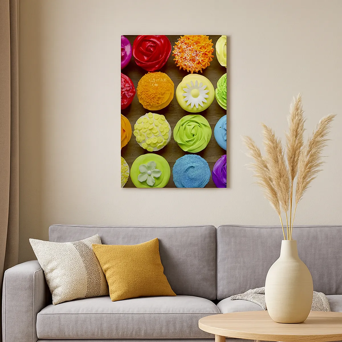 Bild auf Leinwand - Leinwandbild - Bunte Cupcakes mit pastellfarbenen Verzierungen - 50x70cm - Alles andere - alles lecker - Moderne Wanddekoration für Wohnzimmer und Schlafzimmer ARTTOR
