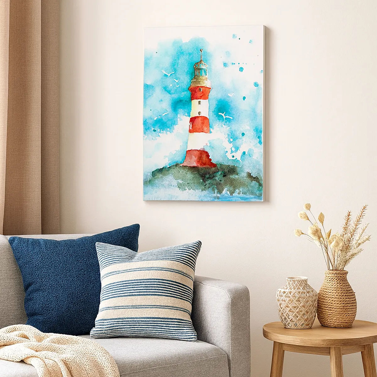 Obraz na płótnie - Latarnia morska w akwarelowym stylu - 50x70cm - Jedność żywiołów - Nowoczesna dekoracja ścienna do salonu, kuchni i sypialni ARTTOR