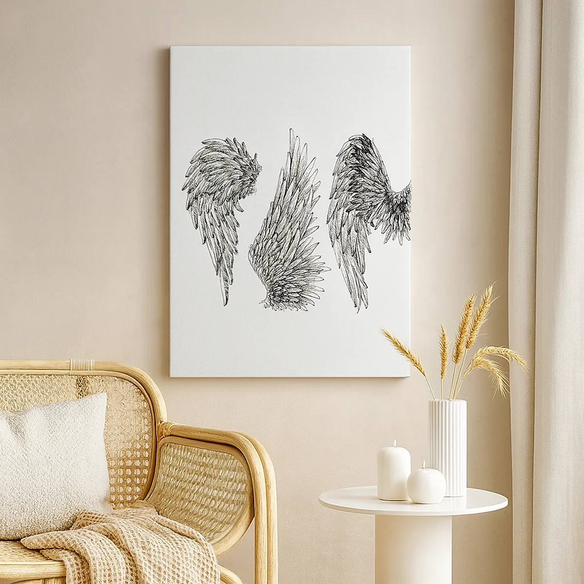 Cuadro sobre lienzo - Impresión de Imagen - Tres bocetos en blanco y negro de alas en estilo minimalista. - 50x70cm - Y puedes convertirte en un ángel - Decoración de pared moderna para salón y dormitorio ARTTOR