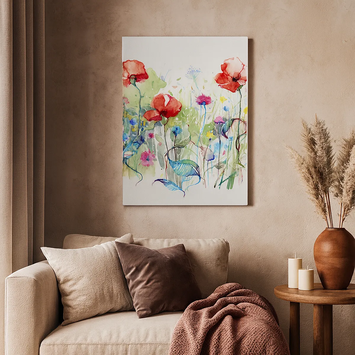 Quadro su tela - Stampe su Tela - Un prato con papaveri rossi e fiori colorati in acquerello - 50x70cm - Il prato fiorito a maggio - Decorazione murale moderna per soggiorno e camera da letto ARTTOR