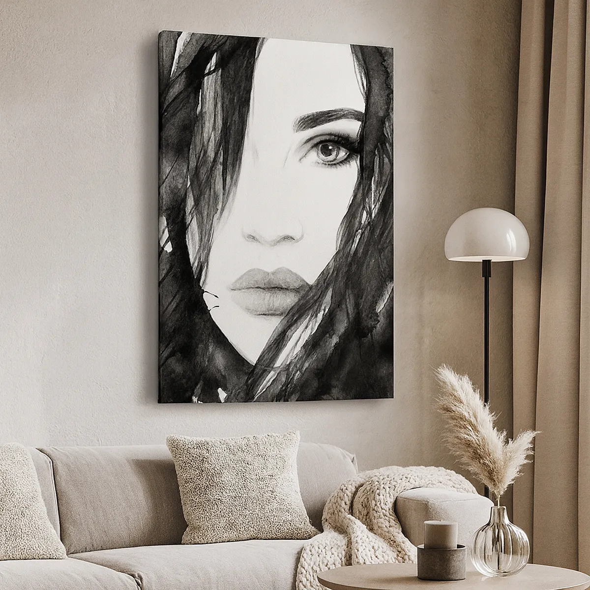 Impression sur toile - Image sur toile - Portrait d'une dame en noir et blanc - 45x80 cm