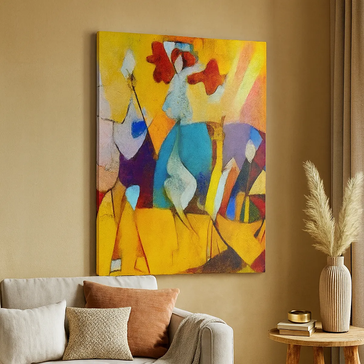 Bild auf Leinwand - Leinwandbild - Eine farbenfrohe Abstraktion, die Figuren in geometrischer Form darstellt - 80x120cm - Sonne - Leben - Freude - Moderne Wanddekoration für Wohnzimmer und Schlafzimmer ARTTOR