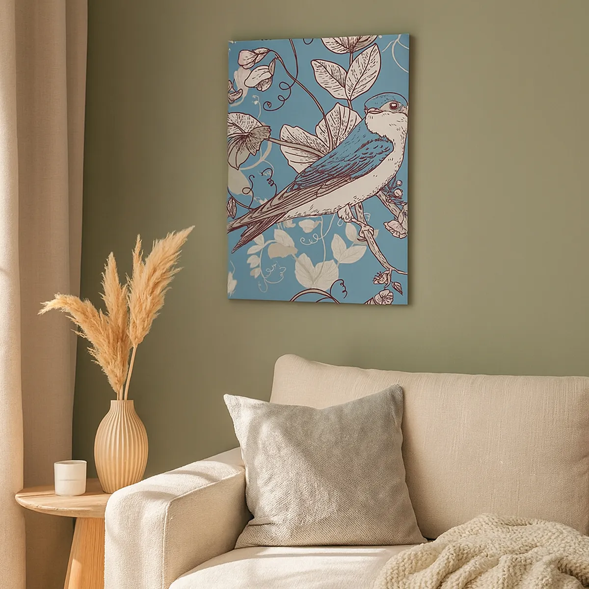 Cuadro sobre lienzo - Impresión de Imagen - Un pájaro en una rama en un delicado estilo floral. - 50x70cm - En el cerezo - Decoración de pared moderna para salón y dormitorio ARTTOR