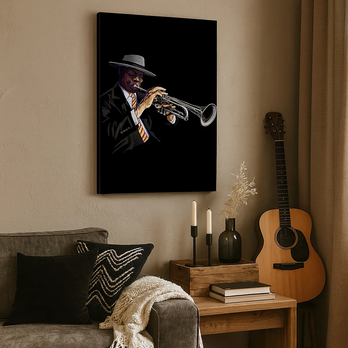 Impression sur toile - Image sur toile - Un musicien jouant de la trompette sur un fond noir - 50x70cm - Le charme de la vieille école - Décoration murale moderne pour le salon et la chambre ARTTOR