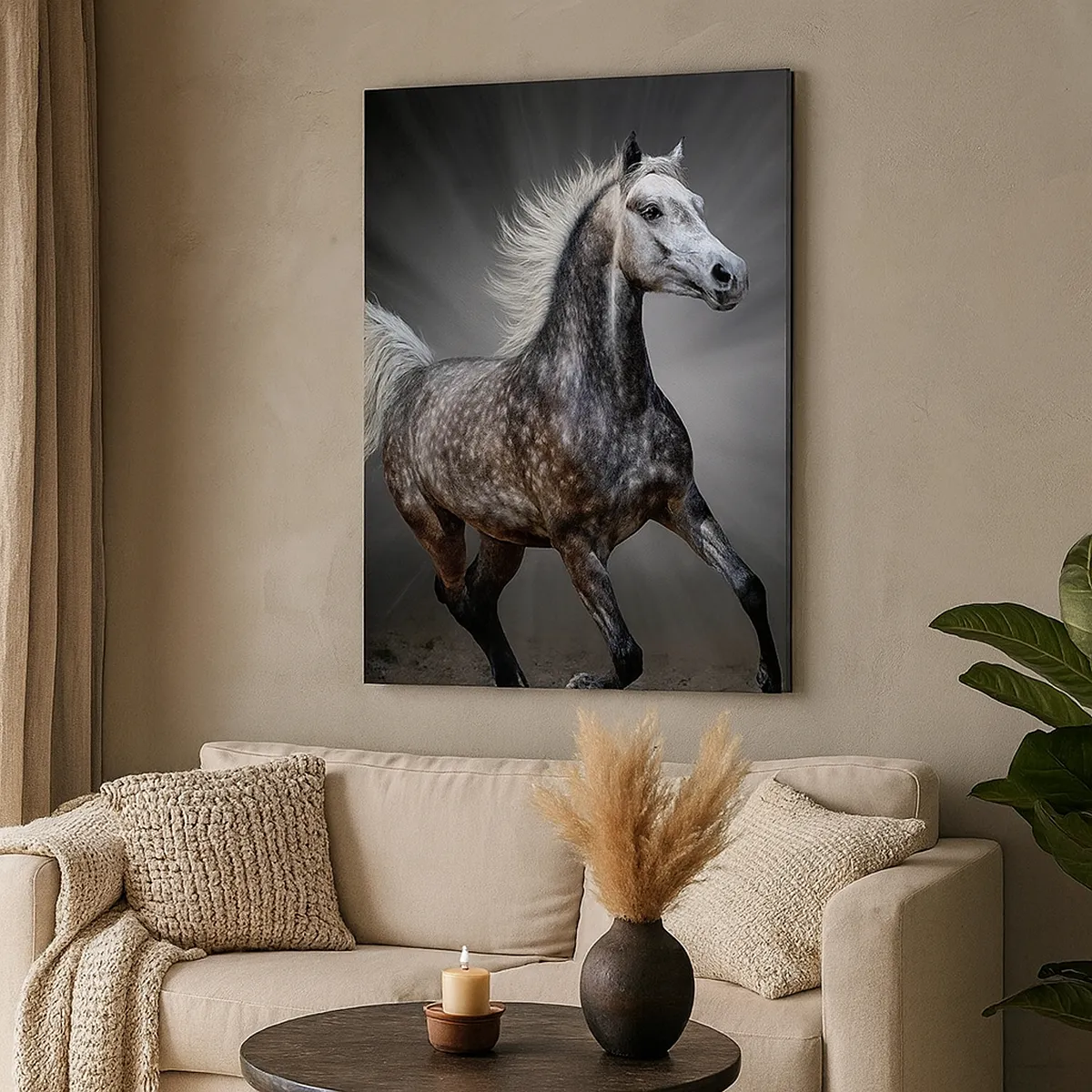 Impression sur toile - Image sur toile - Un cheval blanc galopant sur un fond sombre - 50x70cm - Le gris est beau - Décoration murale moderne pour le salon et la chambre ARTTOR