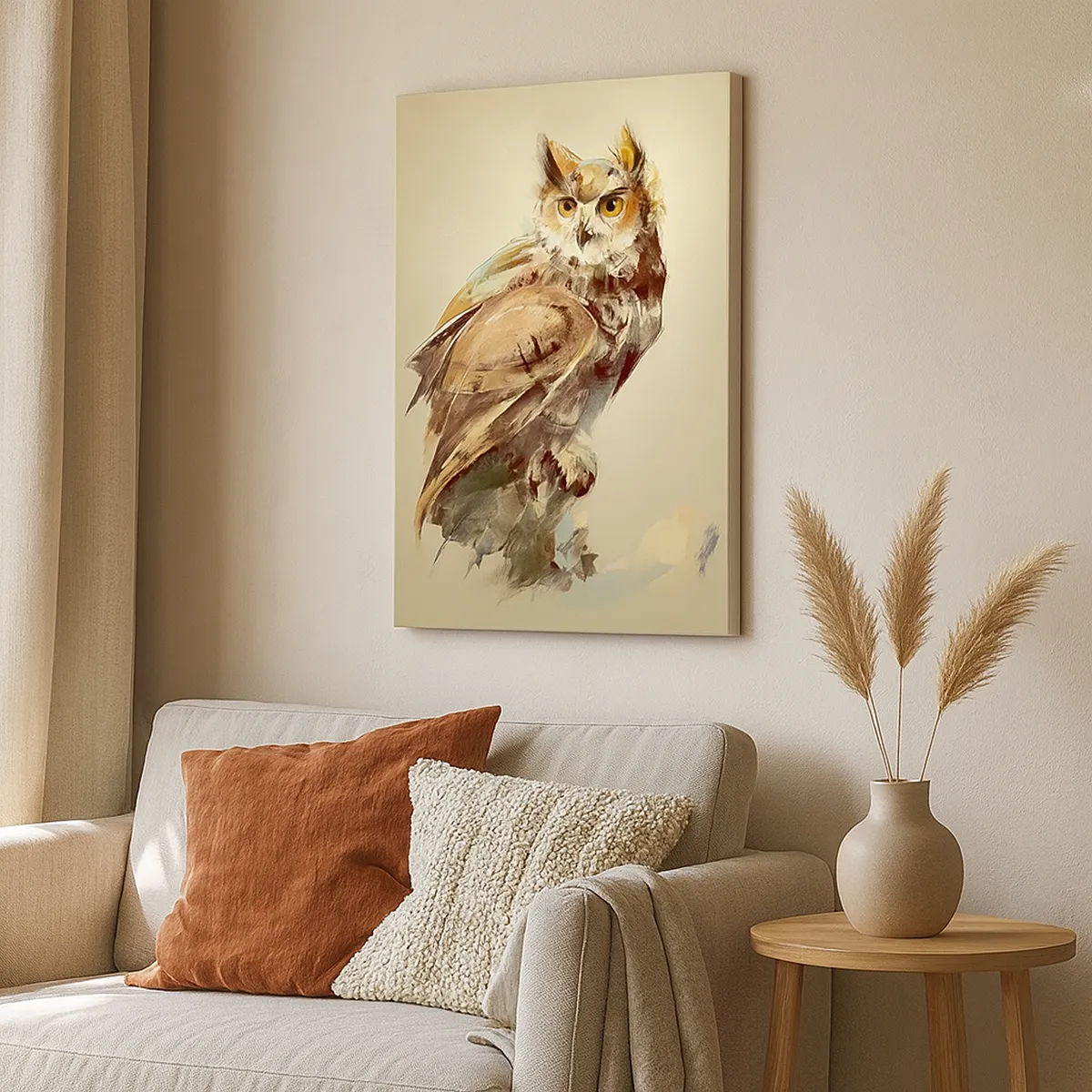 Impression sur toile - Image sur toile - Portrait artistique d'un hibou sur un fond clair dans des tons chauds. - 50x70cm - Le hibou le plus intelligent - confirmera la forêt de chênes - Décoration murale moderne pour le salon et la chambre ARTTOR