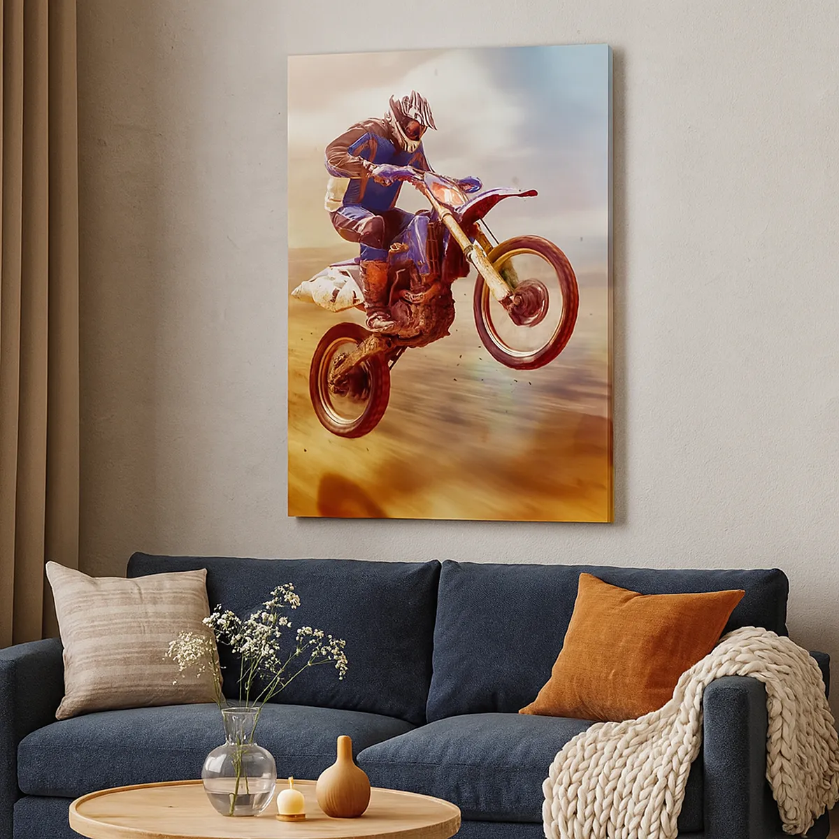 Bild auf Leinwand - Leinwandbild - Ein Motorradfahrer im Flug während einer dynamischen Offroad-Fahrt - 50x70cm - Motorradschwindel - Moderne Wanddekoration für Wohnzimmer und Schlafzimmer ARTTOR