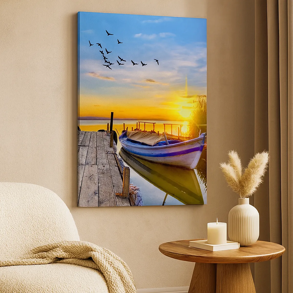 Obraz na płótnie - Łódka przy drewnianym pomoście o zachodzie słońca - 80x120cm - Do widzenia, do jutra - Nowoczesna dekoracja ścienna do salonu i sypialni ARTTOR