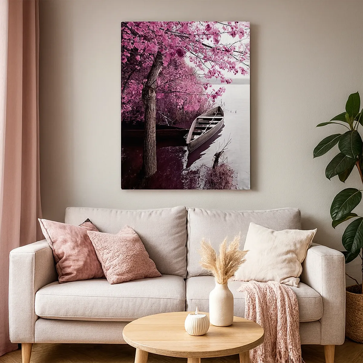 Impression sur toile - Image sur toile - Un bateau au bord d'un lac parmi des arbres roses - 50x70cm - Dans un silence rose - Décoration murale moderne pour le salon et la chambre ARTTOR