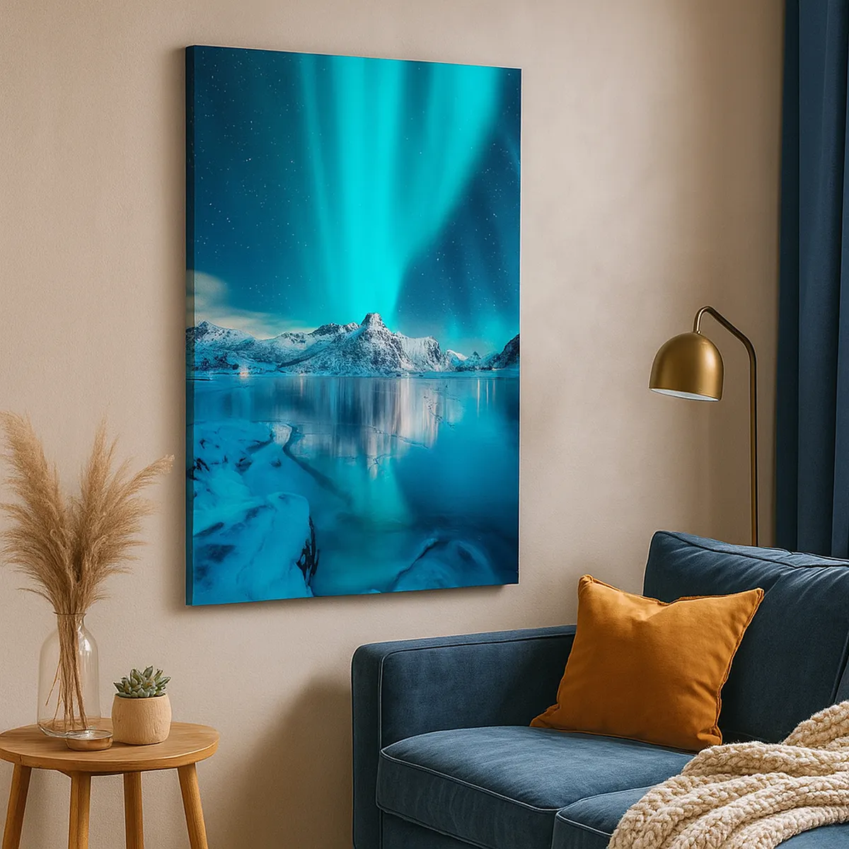 Impression sur toile - Image sur toile - Aurore boréale sur des montagnes enneigées et un lac - 80x120cm - Nuit de lumières - Décoration murale moderne pour le salon et la chambre ARTTOR