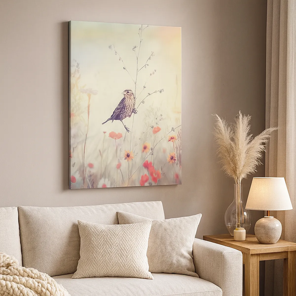 Schilderen op canvas - Vogelportret met een weiland op de achtergrond - 50x70 cm