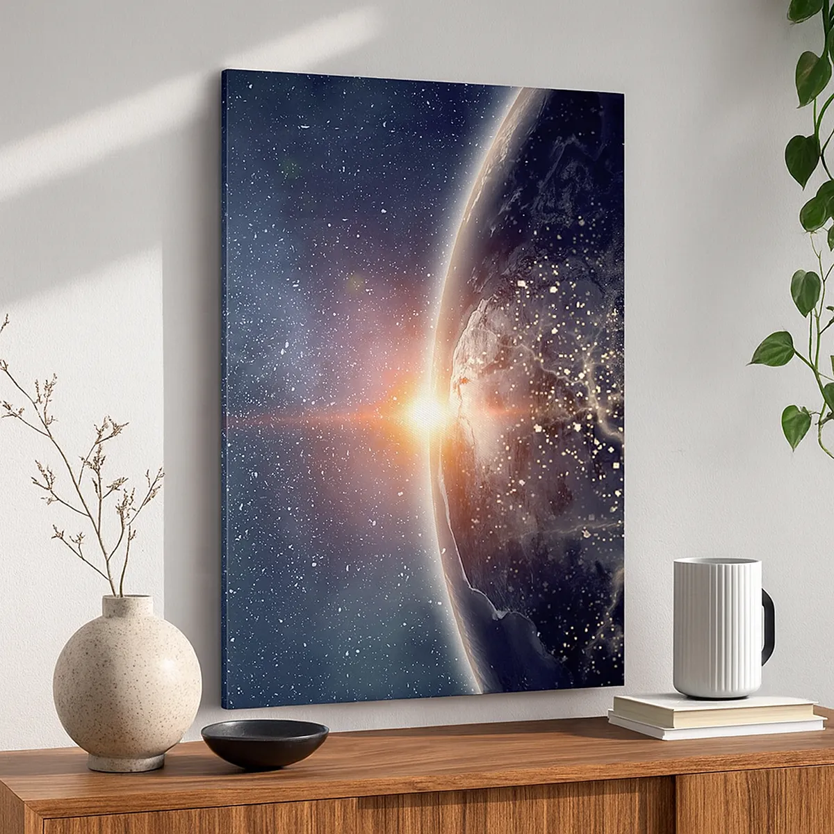 Impression sur toile - Image sur toile - La Terre vue de l'espace avec le soleil levant - 50x70cm - Dans une nouvelle perspective - Décoration murale moderne pour le salon et la chambre ARTTOR