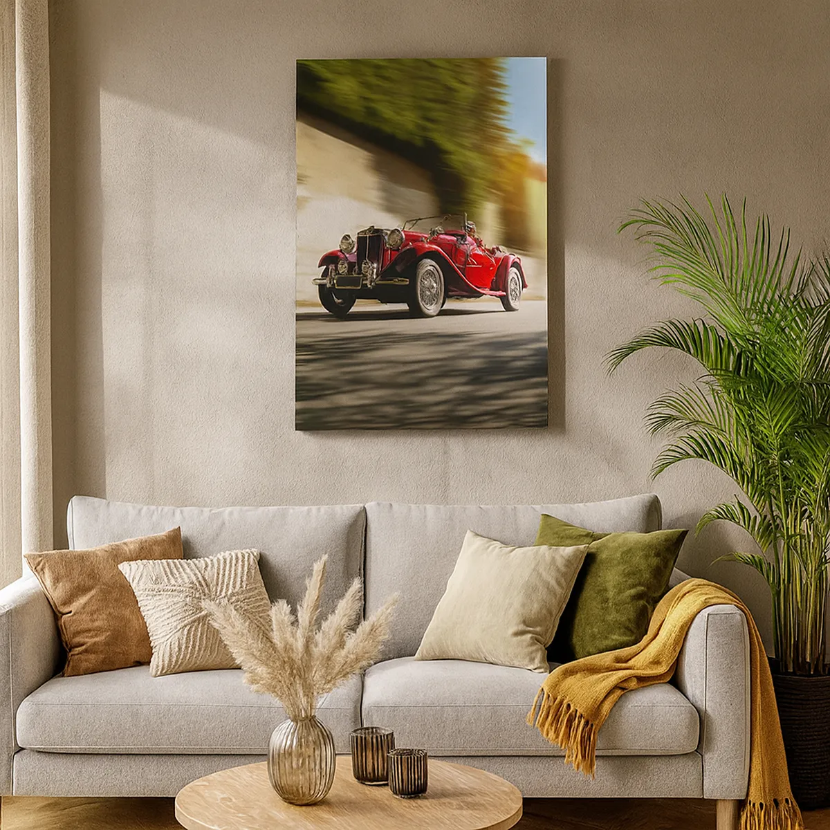 Cuadro sobre lienzo - Impresión de Imagen - Coche clásico rojo en movimiento en una calle soleada - 50x70cm - Hermosa pieza de museo - Decoración de pared moderna para salón y dormitorio ARTTOR